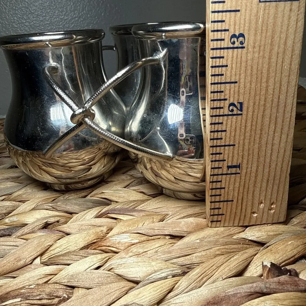 Vtg Set 3 Silver Tone Metal Bud Vases Rigid Intertwined Rope Handles MCM Decor